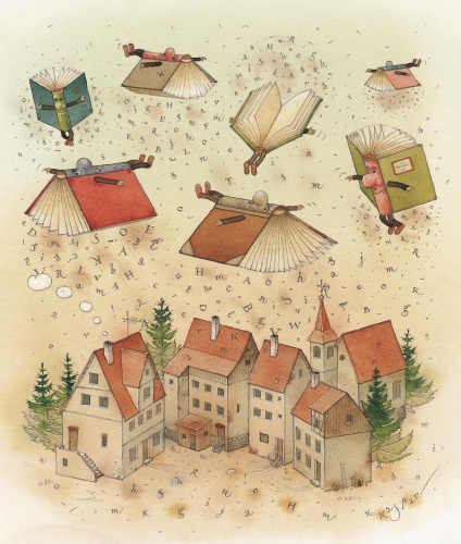 Skraidančių Knygų ir Raidžių Miestas. Iliustracija iš knygos 'Kvailos istorijos'. © Leidykla 'Nieko rimto', K. Kasparavičius